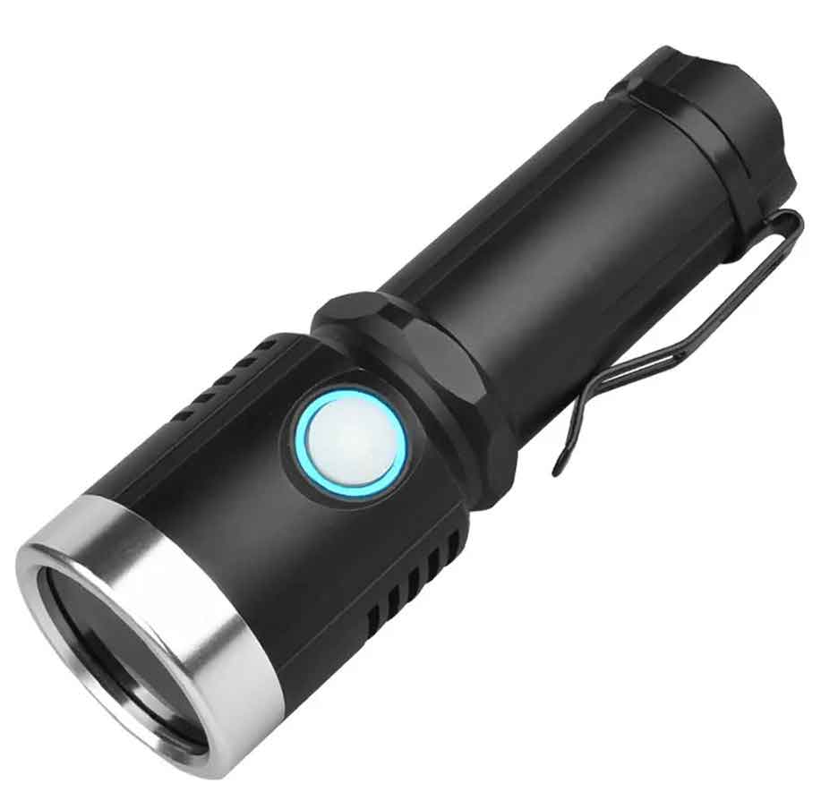 50524 - USB-Rechargeable-365nm-UV-Flashlight-with-Black-Filter-Material-Aluminum-Alloy-Size-13-04-13-1cm-182g-IP65-water-resistant-rain-proof-LED-source-UV-365nm-LED-max-ouput-10W-Operation-Modes-On-Off-Lighting-distance-20meters-Battery-type-126500-li-ion-battery-3000mah-include-Lighting-time-3-3-5-Hrs-Packing-Details-unit-pack-white-box-box-size-15X5X5cm-unit-weight-195g-50-units-per-carton-carton-size-37X34X34cm-Gross-weight-10-5KG