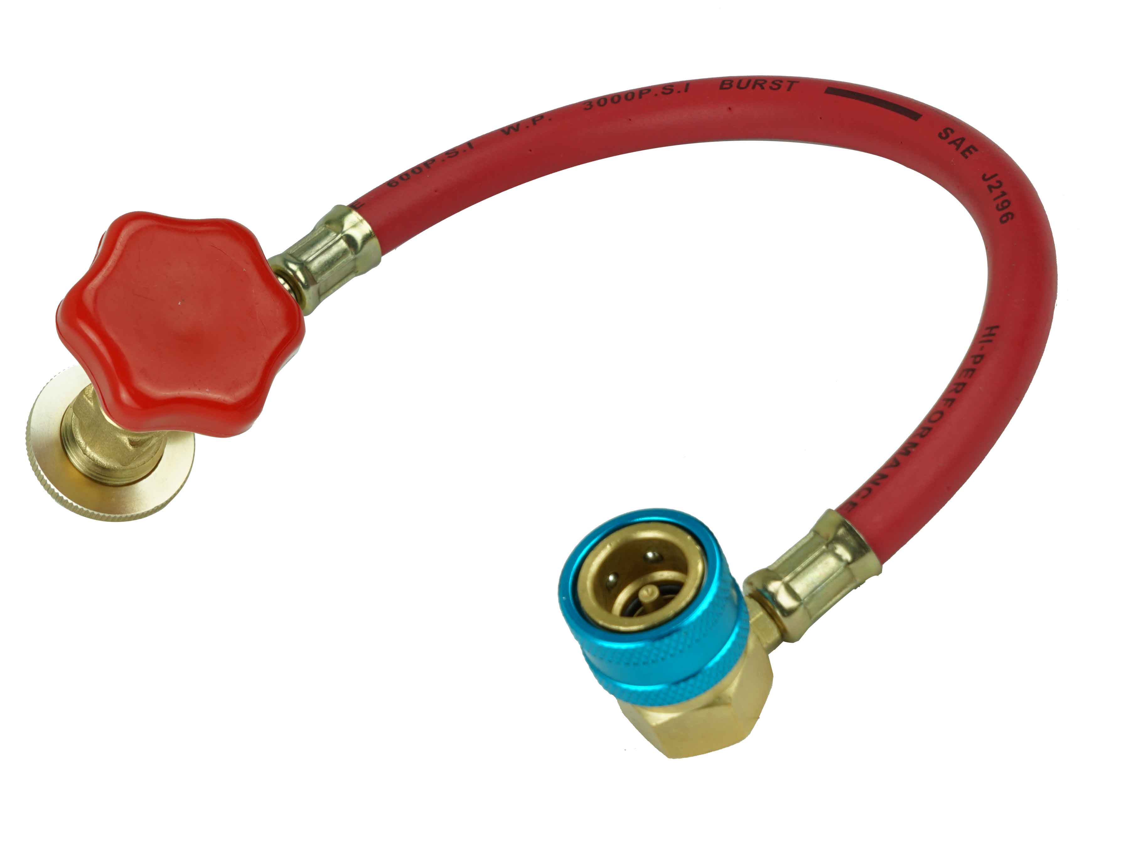 58179 - Gas-charge-kit-with-can-opener-valve-for-1234yf-Gas-can-connection-M14-x-1-25-reverse-screw-threads-Hose-color-is-red-with-1234yf-Quick-Coupler